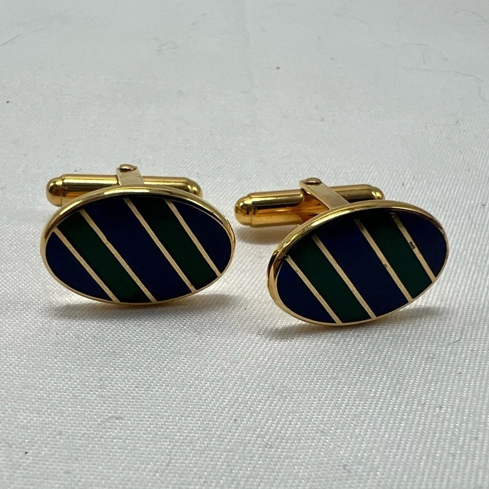 Vintage Shields Gold Tone Navy Blue green Enamel Diagonal Stripe Cufflinks